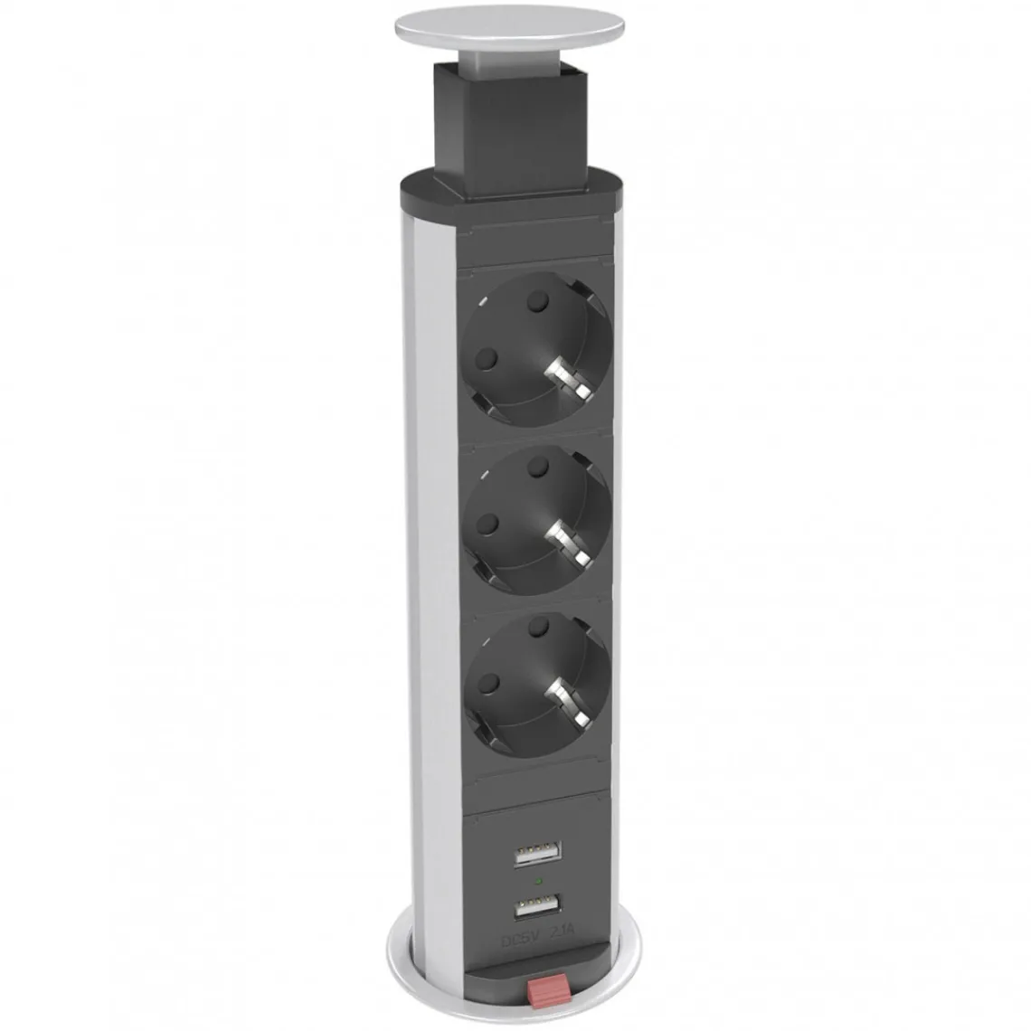 DPJ Workspace Einbausteckdose Axessline PopUp - 3 Steckdosen, 2 USB-A, Ø 60 mm, Silber